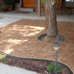 A tree is sitting in the middle of a patio.