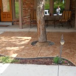 A tree is sitting in the middle of a patio.