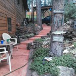 A patio area with chairs, table and trees.