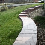 A walkway with steps leading to the side of a road.