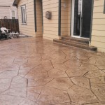 A patio with a door and steps leading to the back deck.